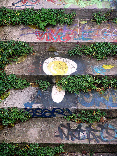 graffiti on abandoned stairs - petite ceinture - abandoned railway (paris, france), egg, graffiti, railroad tracks, railway tracks, street art, trespassing