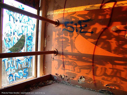 graffiti - shadow of broken window - abandoned hospital (presidio, san francisco), abandoned building, abandoned hospital, graffiti, orange, presidio hospital, presidio landmark apartments, trespassing