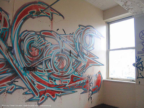 graffiti - window - abandoned hospital (presidio, san francisco), abandoned building, abandoned hospital, graffiti, presidio hospital, presidio landmark apartments, trespassing