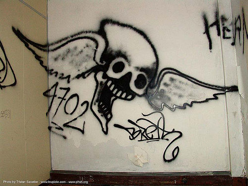 graffiti - winged skull - abandoned hospital (presidio, san francisco), abandoned building, abandoned hospital, graffiti, herman, presidio hospital, presidio landmark apartments, skull, trespassing, winged
