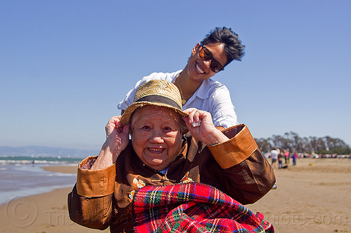 grandma and granddaughter at the beach, blanket, chinese, crissy field beach, family, grandma, grandmother, jenn, old woman, senior, straw hat, women