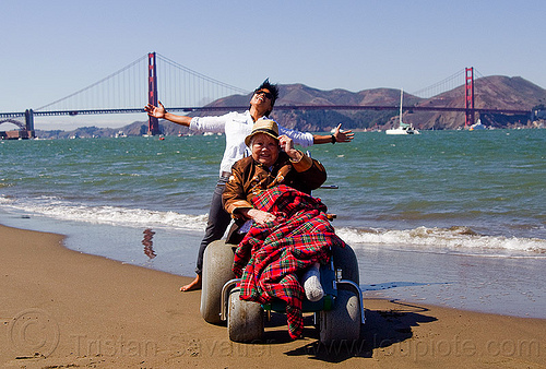 grandma and granddaughter at san francisco beach - wheelchair, beach wheelchair, blanket, chinese woman, crissy field beach, family, golden gate bridge, grandma, grandmother, jenn, ocean, old woman, sand, sea, senior, straw hat, suspension bridge, women