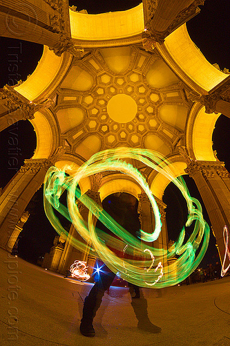 green fire trails under the dome of the palace of fine arts, arches, dome, fire dancer, fire dancing, fire performer, fire spinning, green fire, green flames, mel, night, palace of fine arts, vaults