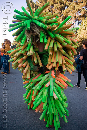 green koosh monster - vanessa - burning man decompression, koosh like, monster, vanessa, woman