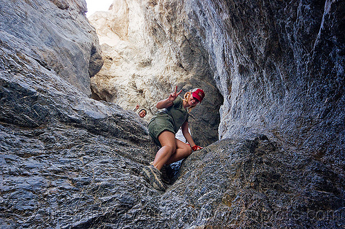 grotto canyon - descending the first dry fall, april, climber, death valley, grotto canyon, hiking, mountain, rock climbing, slot canyon, woman