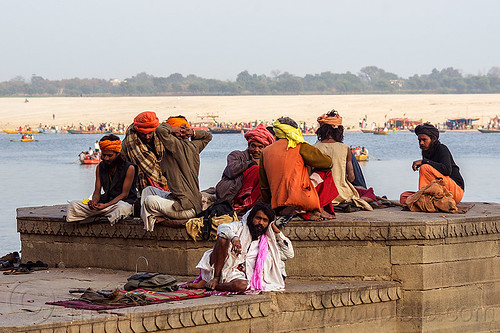 group of hindu men on the ghats of varanasi (india), babas, ganga, ganges river, ghats, hindu, hinduism, men, river bank, sadhus, sitting, varanasi