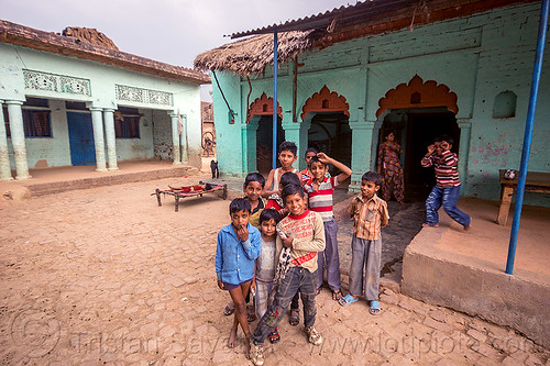 group of indian boys on village plaza, blue house, boys, children, crowd, india, khoaja phool, kids, village, खोअजा फूल