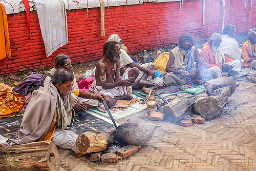group of sadhus sitting near their bonfires (nepal), babas, beard, bonfire, hindu, hinduism, kathmandu, maha shivaratri, man, pashupatinath, sadhus, sitting, smoke