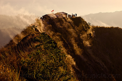 gunung batur volcano at dawn - steam venting (bali), backlight, bali, batur volcano, flag, fumaroles, gunung batur, landscape, mount batur, mountains, shelter, silhouettes, smoke, smoking, steam, summit, tea house