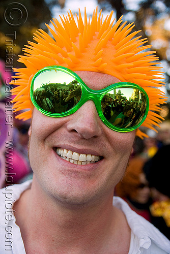 guy with orange rubber hat and green sunglasses - burning man decompression 2008 (san francisco), guy, man, orange hat, rubber ha hat green, rubber hat, spiky, sunglasses