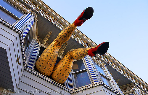haight street madame (san francisco, california), exterior, fishnet clothing, fishnet stockings, haight street, heels, piedmont, red, shoes, tights, victorian house, windows, woman