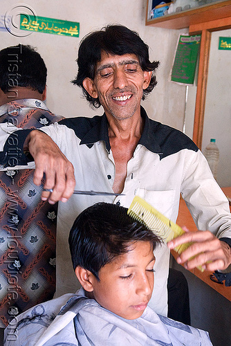 hairdresser cutting kid's hair, barber, child, comb, haircut, hairdresser, indian man, kid, scissors, udaipur