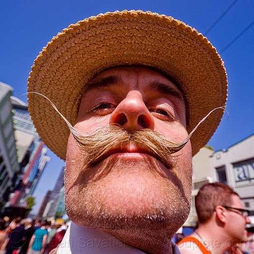 handlebar mustaches - straw hat, man, mustache, randal smith, straw hat, waxed mustaches
