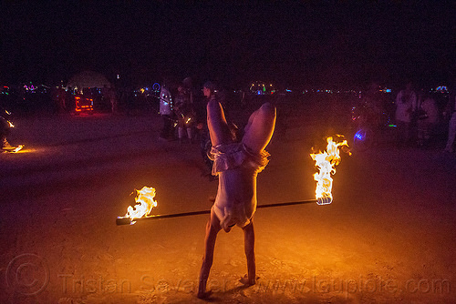 handstand with fire staff - burning man 2015, burning man, fire dancer, fire dancing, fire performer, fire spinning, fire staff, handstand, night, woman
