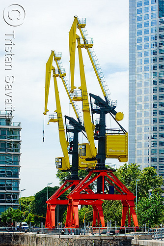 harbor cranes - puerto madero harbor (buenos aires), argentina, buenos aires, harbor cranes, harbour crane, level luffing cranes, portainers, puerto madero, red, yellow