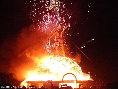 heil the man - burning man 2004 - burning the man, burning man at night, fire, fireworks, night of the burn, pyrotechnics, the man
