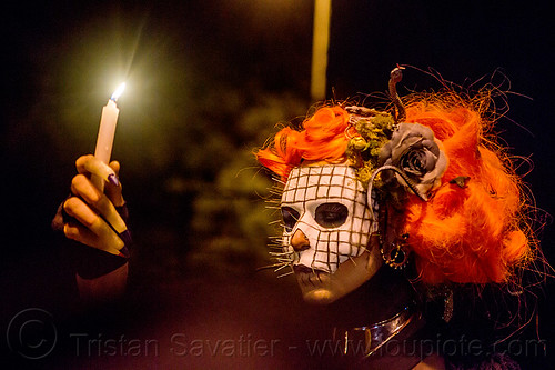 hellraiser mask - holding candle - dia de los muertos (san francisco), candle, day of the dead, dia de los muertos, face painting, facepaint, flower headdress, halloween, hellraiser, man, mask, metal necklace, nails, night, orange wig, pins, skull makeup