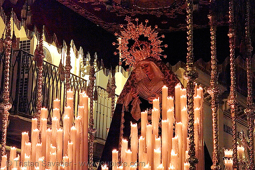 hermandad de la lanzada - paso de la virgen - semana santa en sevilla, candles, easter, float, hermandad de la lanzada, madonna, night, paso de la virgen, sacred art, semana santa, sevilla