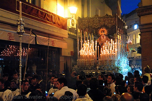 hermandad de la sed - paso de la virgen - semana santa en sevilla, candles, easter, float, hermandad de la sed, madonna, night, paso de la virgen, red, sacred art, semana santa, sevilla