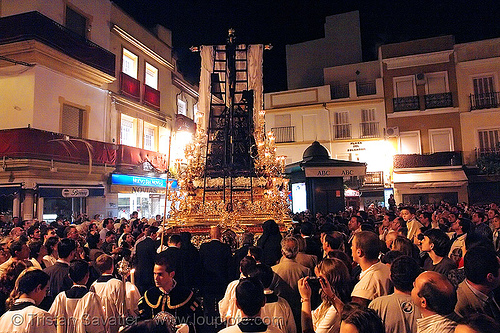 hermandad de la soledad de san lorenzo - paso de la virgen - semana santa en sevilla, candles, easter, float, hermandad de la soledad de san lorenzo, night, paso de cristo, sacred art, semana santa, sevilla