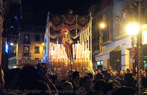 hermandad de la trinidad - paso de la virgen - semana santa en sevilla, candles, easter, float, hermandad de la trinidad, madonna, night, paso de la virgen, sacred art, semana santa, sevilla