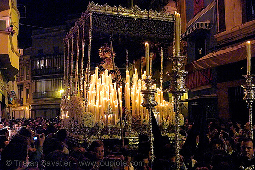 hermandad de las penas de san vicente - paso de la virgen - semana santa en sevilla, candles, easter, float, hermandad de las penas de san vicente, madonna, night, paso de la virgen, sacred art, semana santa, sevilla