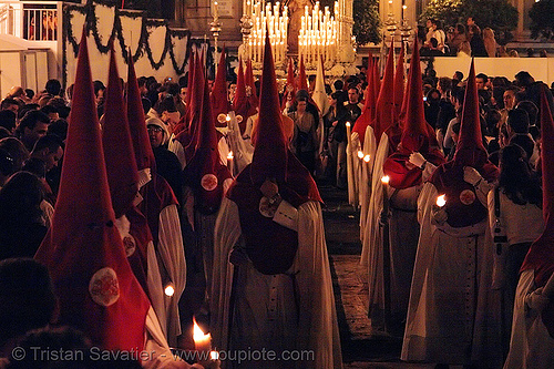 hermandad de las siete palabras - semana santa en sevilla, candles, easter, hermandad de las siete palabras, nazarenos, night, red, semana santa, sevilla