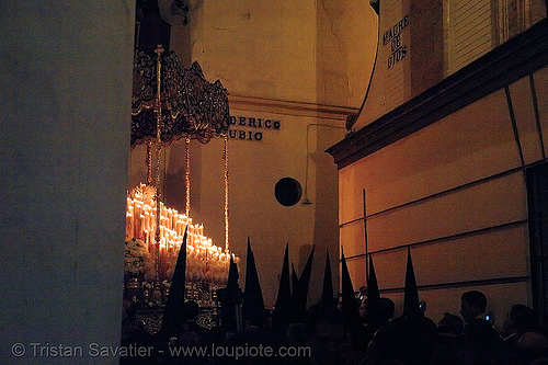 hermandad de san bernardo - paso de la virgen - semana santa en sevilla, candles, easter, float, hermandad de san bernardo, madonna, maría santísima del refugio, nazarenos, night, paso de la virgen, sacred art, semana santa, sevilla, virgin mary