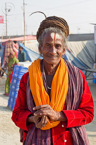 hindu baba with long dreadlocks (india), baba, bhagwa, dreadlocks, hindu man, hindu pilgrimage, hinduism, kumbh mela, pilgrim, sadhu, saffron color, tilak, tilaka