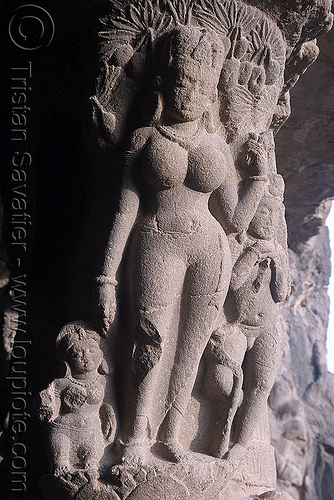 hindu goddess statue - underground hindu and buddhist temples - ellora caves (india), ellora caves, goddess, hindu temple, hinduism, sculpture, statue, stone carving, woman