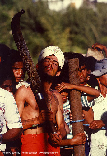 hindu man with machete, ceremony, hindu, hinduism, knife, la reunion, machete, reunion island, turban