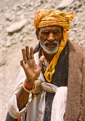 hindu pilgrim on trail - amarnath yatra (pilgrimage) - kashmir, amarnath yatra, beard, crippled, crutches, headdress, hiking, hindu man, hindu pilgrimage, hinduism, kashmir, mountain trail, mountains, old man, pilgrim, saffron color, trekking, turban