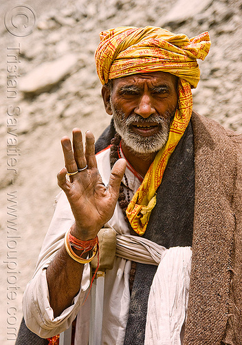 hindu pilgrim on trail - amarnath yatra (pilgrimage) - kashmir, amarnath yatra, beard, crippled, crutches, headwear, hindu man, hindu pilgrimage, hinduism, indian man, kashmir, mountain trail, mountains, old man, pilgrim, saffron color