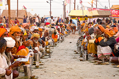 hindu pilgrims eating holy prasad - kumbh mela 2013 (india), ashram, crowd, dinner, eating, food, hindu pilgrimage, hinduism, holy prasad, kumbh mela, men, pilgrims, rows, sitting