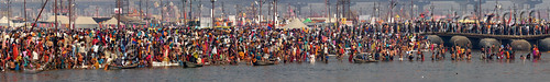 hindu pilgrims having ritual bath in ganges river - kumbh mela (india), bathing pilgrims, crowd, floating bridge, ganga, ganges river, hindu pilgrimage, hinduism, holy bath, holy dip, kumbh maha snan, kumbh mela, mauni amavasya, metal tanks, nadi bath, panorama, pontoon bridge, river bathing