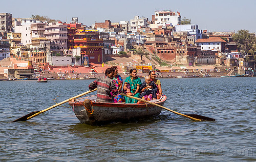 hindu pilgrims on row boat on the ganga river - varanasi (india), child, ganga, ganges river, ghats, hindu, hinduism, kid, man, pilgrims, river boat, rowing boat, small boat, varanasi, women