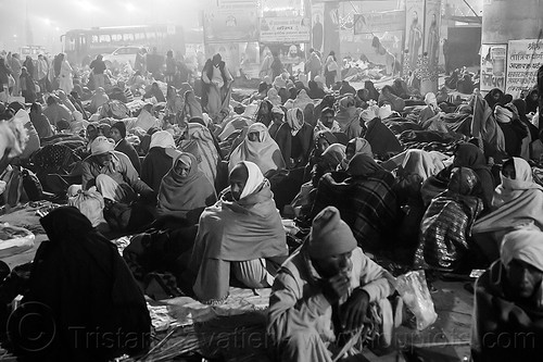 hindu pilgrims sitting on the street at kumbh mela (india), camping, crowd, hindu pilgrimage, hinduism, kumbh maha snan, kumbh mela, mauni amavasya, night, seeting, triveni sangam, walking
