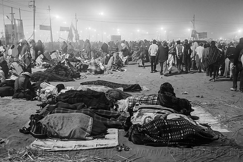 hindu pilgrims sleeping in the street at kumbh mela (india), camping, crowd, hindu pilgrimage, hinduism, kumbh maha snan, kumbh mela, mauni amavasya, night, sleeping, triveni sangam, walking