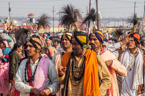 hindu priests with ceremonial headdress - kumbh mela (india), crowd, float, gurus, headwear, hindu pilgrimage, hinduism, kumbh maha snan, kumbh mela, mauni amavasya, parade, turban