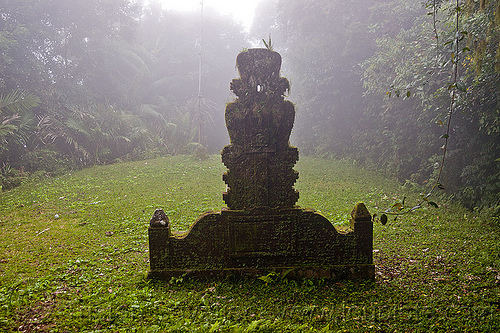 hindu shrine in the fog, bali, carved, clearing, fog, foggy, forest, hindu shrine, pura lempuyang, rainforest, temple