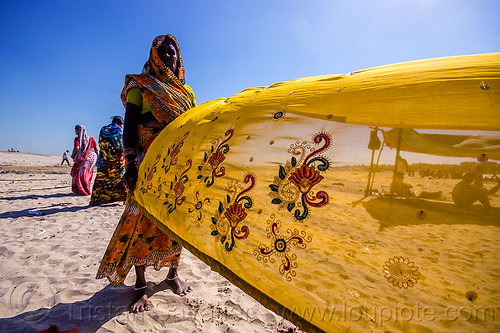 hindu woman drying sari in the wind - varanasi (india), beach, drying, indian woman, sand, saree, sari, varanasi, wind, yellow