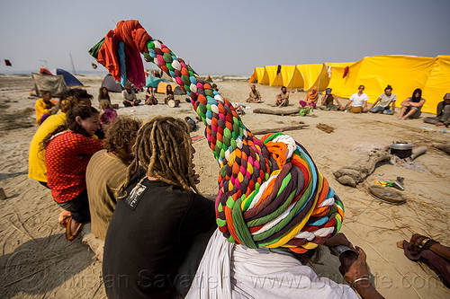 hippie hat - rainbow camp - kumbh mela 2013, camp fire, camping, circle, colorful, crowd, hindu pilgrimage, hinduism, hippie, kumbh mela, pointy hat, rainbow camp, rainbow colors, sitting, tents