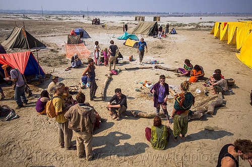 hippie rainbow camp at kumbh mela 2013, bun bun, camping, crowd, hindu pilgrimage, hinduism, hippie, kumbh mela, rainbow camp, tents