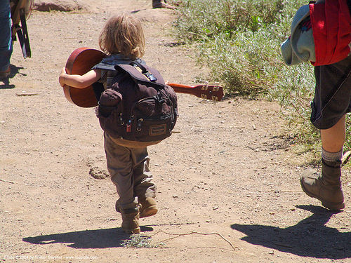 hippy-kid-with-ukulele - rainbow gathering - hippie, backpack, boy, child, guitar, hippie, kid, ukulele