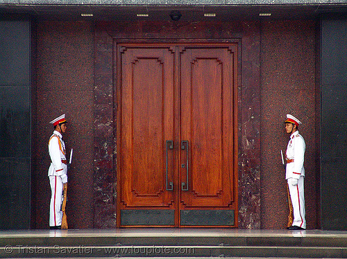 ho chi minh mausoleum - honor guard - vietnam, closed, communism, door, dress uniform, gate, guards, guns, hanoi, ho chi minh mausoleum, honor guard, monument, rifles, tomb, white uniforms