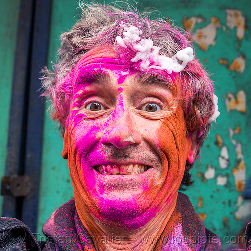 holi festival of colors (india), dye, holi festival, man, pink, powder, purple, red, selfie, selfportrait, west bengal