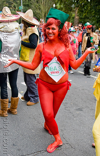 hot sauce - tabasco brand costume, bay to breakers, body art, body paint, body painting, chili sauce, farran, footrace, hot sauce, red, street party, tabasco brand, tabasco costume, woman
