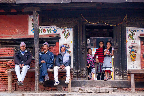 house with three men and three girls - patan (nepal), bench, door, girls, house, men, patan, sitting