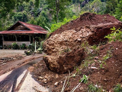 huge boulder blocking road - landslide, boulder, landslide, road, tana toraja