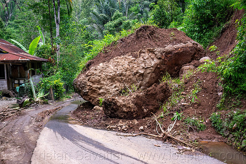 huge boulder fell on road - landslide, boulder, landslide, road, tana toraja